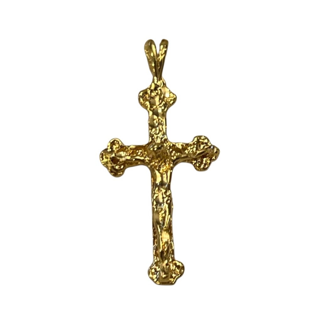 Gold Tone Yellow Cross Crucifix Pendant Abstract Chunky‎ 1.75” Long Religious